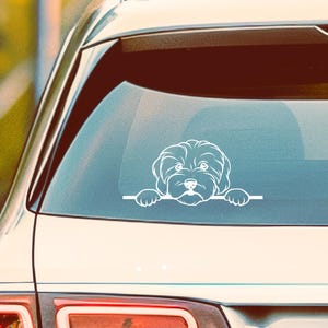K&ouml;nnte beinhalten: Wei&szlig;er Vinyl-Autoaufkleber mit einer stilisierten Illustration eines flauschigen Hundes, der &uuml;ber eine horizontale Linie schaut. Das Gesicht und die Pfoten des Hundes sind sichtbar, was ein verspieltes Design ergibt. Der Aufkleber ist auf einer Autoscheibe angebracht.