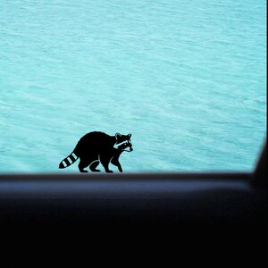 May include: A black silhouette of a raccoon walking against a backdrop of turquoise water. The raccoon is depicted in profile, with its distinctive striped tail and mask. The image is framed by a dark, horizontal border.