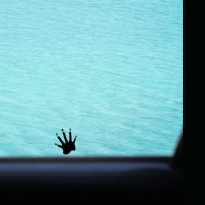May include: A black paw print sticker is placed on a window, with a turquoise ocean in the background. The water transitions to a darker blue near the horizon. The image is framed by a black border.
