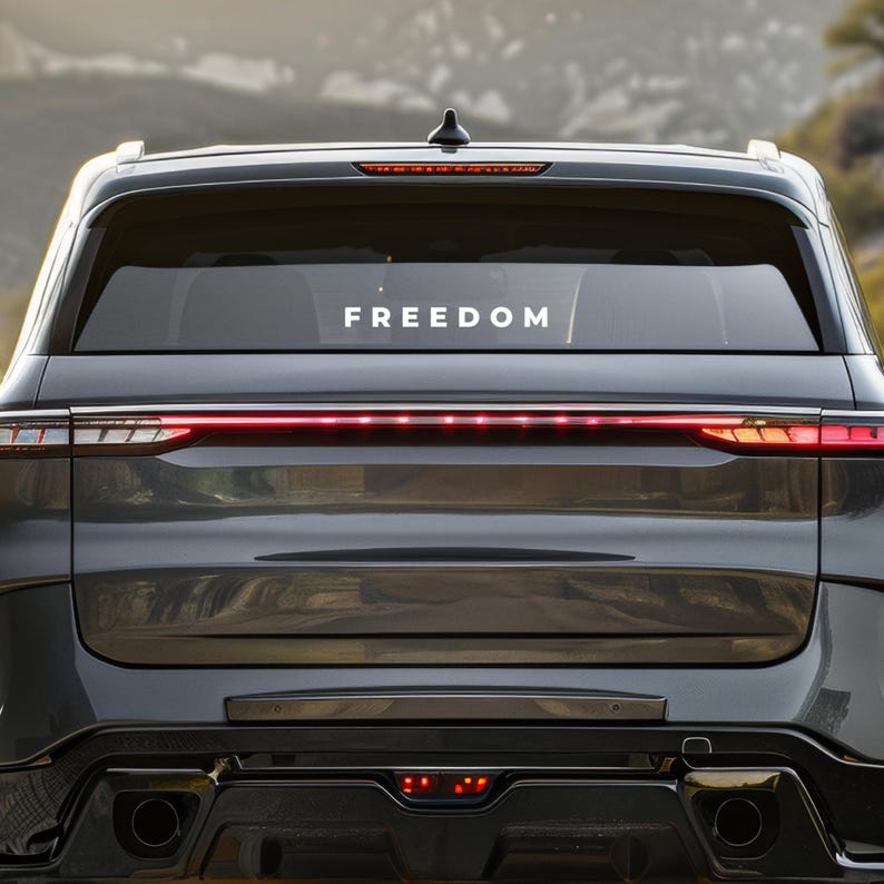 May include: Rear view of a dark gray SUV with the word "FREEDOM" in white lettering across the rear window. The vehicle has a red light bar and additional red lights at the bottom. The background shows a blurred natural landscape.