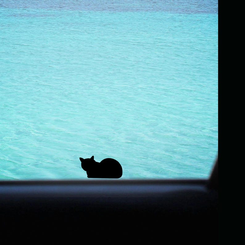 May include: A black cat silhouette is positioned against a backdrop of turquoise water. The cat is sitting, facing left, with its ears and tail visible. The water's surface has subtle variations in color, suggesting depth.