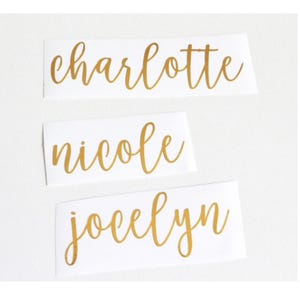 May include: Three gold vinyl stickers with the names Charlotte, Nicole, and Jocelyn written in a cursive font.
