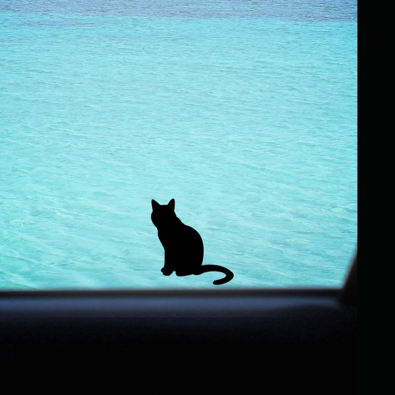 May include: A black cat silhouette sits against a backdrop of turquoise water. The cat is in a seated position, with its tail curled. The water has subtle wave patterns. The image is framed by a dark border, suggesting a window or opening.