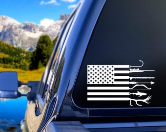 Hunting Fishing Flag Decal Gifts for Men | Father's Day Dad Bow Gun Fish Hunting Gift | Truck Hunting Window Sticker | Patriotic Hunting