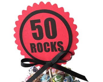 50th Birthday Cake Topper Decoration, 50 ROCKS, Candy Pick, Red and Black or Your Choice of Colors