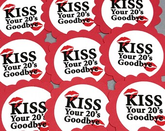 30th Birthday Favor Tags, Kiss Your 20's Goodbye, Set of 12, Red and White