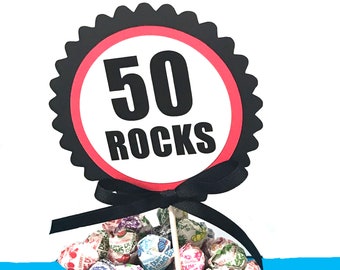 50th Birthday Topper Cake Decoration, 50 ROCKS, Candy Pick, Red, White and Black or Your Choice of Colors