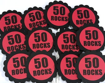 50th Birthday Cupcake Toppers - 50 ROCKS, Black and Red or Your Colors, Set of 12