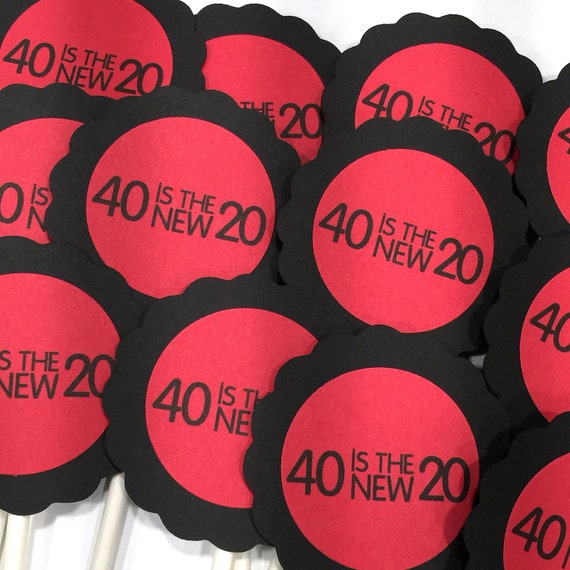40th Birthday Cupcake Toppers 40 is the New 20, Black and Red or