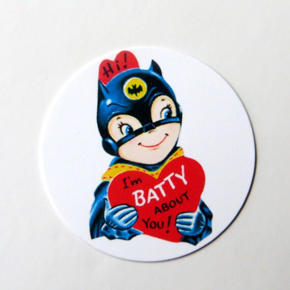 Batman Stickers - Round 1 1/2 Inch Handmade, Vintage Valentine, Set of 12 Il_570xn