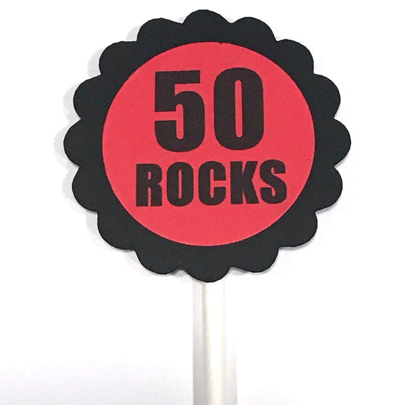 50th Birthday Cupcake Toppers 50 ROCKS Black and Red or - Etsy