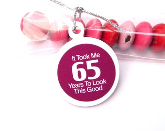 65th Birthday Candy Treat Bag Favors, It Took Me 65 Years to Look This Good, Set of 12, White and Plum