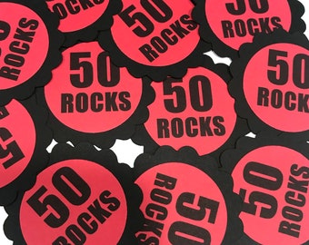 50th Birthday Favor Tags, 50 Rocks, Red and Black or Your Choice of Colors, Set of 12