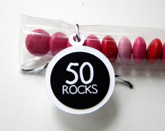 50th Birthday Candy Treat Bag Favors - 50 Rocks, Set of 12, White, Black