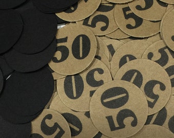 50th Birthday Confetti - 50, Black and Kraft Brown or Your Color Choice  3/4 Inch Circles