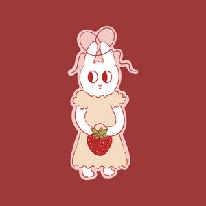 Niedlicher Häschen-Erdbeeraufkleber - Kawaii-Kaninchen, das Erdbeere hält, Cottagecore Ästhetik, matte Vinyl-Aufkleber für Laptop, Journal, Scrapbook