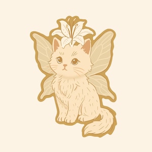 Pegatina de hada con gato adorable, diseño floral con lirio y alas, vinilo mágico kawaii para portátil, diario, botella de agua o regalo de estilo rústico.