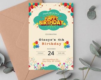 Bearbeitbare Geburtstagseinladung, druckbare Kindergeburtstag einladen, Canva Vorlage, digitaler Download, bunte Ballon-Konfetti-Partykarte