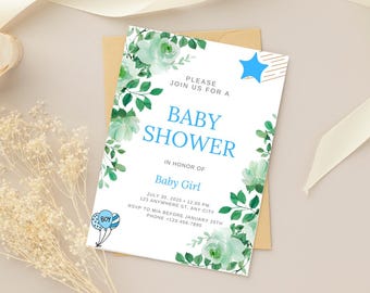 Bearbeitbare Babypartykartenvorlage, Blumenmuster (Digitaler Download)