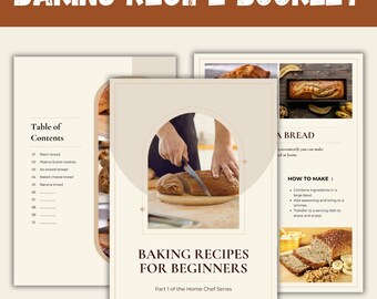 Backrezeptbuch zum Ausdrucken, Bananenbrot, Rosinenbrot, Erdnussbutter Kekse, Käsebrot, Kein Kneten Brot Rezeptheft