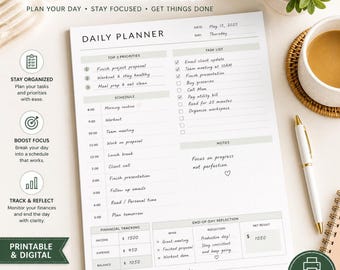 Tagesplaner Printable | Minimal To Do Liste & Terminplaner | Produktivität Planer Seite | Einfache tägliche Aufgabe Organizer PDF Download