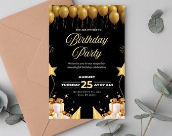 Black Gold Birthday Invitation Template Editable Canva, Luxury Birthday Party Invite Printable, Elegant Digital Celebration Card
