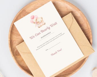 Rosa Windel-Gewinnspiel-Vorlage, Teddybär-Babyparty-Spiel, bearbeitbare Canva-Karte