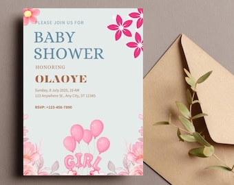 Invito per baby shower rosa modificabile su Canva, invito Baby In Bloom, biglietto digitale per baby shower per bambina