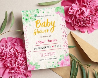 Invito per baby shower floreale modificabile su Canva, invito per baby shower rosa per bambina, Baby In Bloom, download digitale