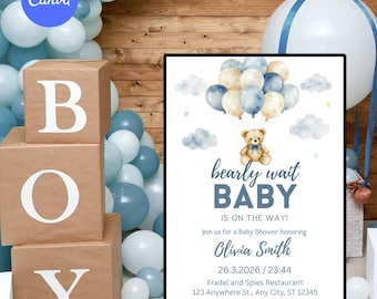 Bär-Babyparty-Einladungsvorlage, Wir können Bären-Babyparty-Einladung abwarten, bearbeitbare Canva-Einladung, blauer Teddybär-Ballon einladen