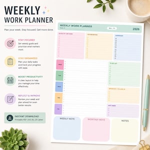 Può includere: Un pianificatore di lavoro settimanale colorato con sezioni per obiettivi, priorità, promemoria e una lista di cose da fare. Il pianificatore include il testo "Weekly Work Planner" e "2026". È progettato per aiutare gli utenti a rimanere concentrati e organizzati.