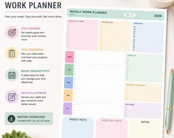 Wöchentlicher Arbeitsplaner 2026 zum Ausdrucken, minimalistischer Wochenplaner PDF, Produktionsplaner, Wochenplaner, digitaler Download