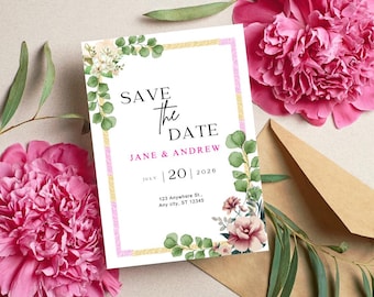 Convite de casamento digital editável em Canva com estampa floral de eucalipto verde-sálvia.