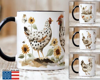 Personalized Hen and Rooster Sunflower Watercolor Farmhouse Mug for Her