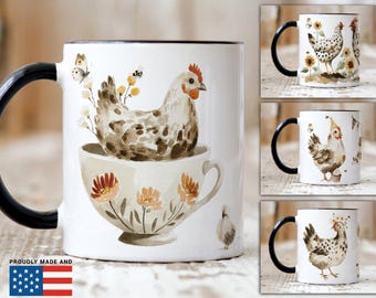 Personalized Watercolor Chicken in Teacup Farm Kitchen Mug for Her