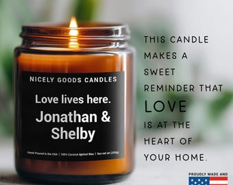 Spersonalizowana świeca „Miłość mieszka tutaj”: prezent dla pary, rocznica, ślub