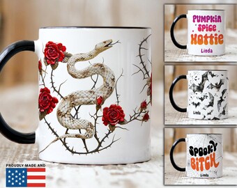 Personalized Rattlesnake & Roses Halloween Mug – Gothic Snake Coffee Cup with Custom Name
