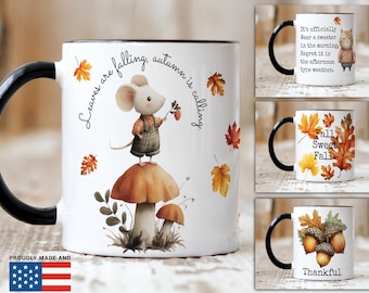 Spersonalizowany kubek jesienny z motywem grzybów i liści myszy