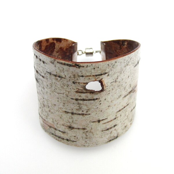 Medium size birch bark cuff bracelet, Woodpecker Hole