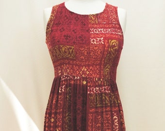 1980s Jane Ashley maxi dress, red India print maxi dress, sleeveless, Sz M, perfect for summer festivals!