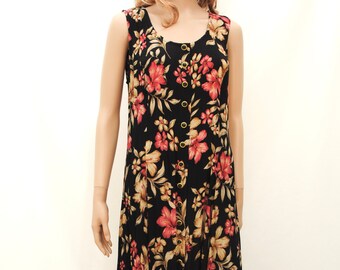 90s black floral maxi dress, Size 8 Betsey Lauren, sleeveless button front, 15 buttons!