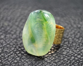 Large pale green statement ring, celadon green on new 24K gold plated adjustable ring band, made from vintage jewelry