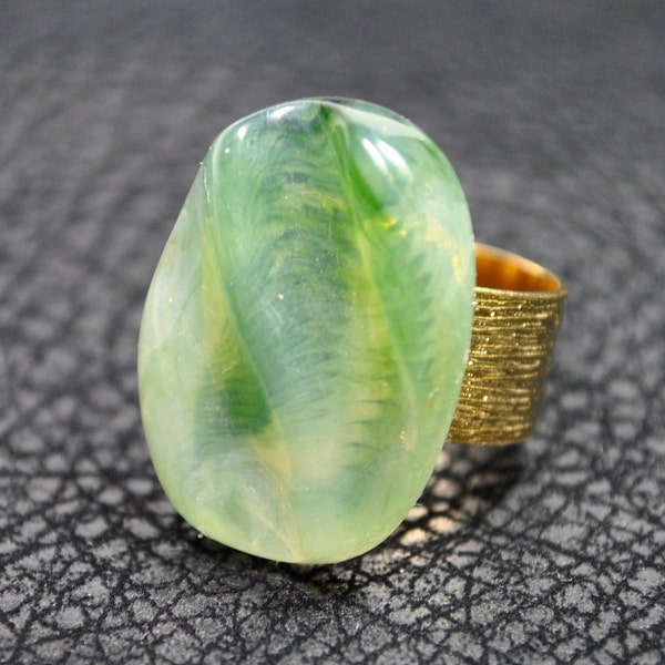 Large pale green statement ring, celadon green on new 24K gold plated adjustable ring band, made from vintage jewelry