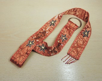 70's peach satin belt with embroidery, FESTIVAL wear, boho hippy style
