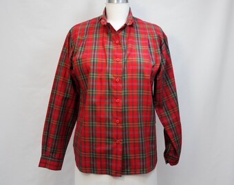 1980s Christmas plaid blouse, red plaid button up shirt, nice Christmas shirt! By Villager, Excellent condition, freshly hand washed