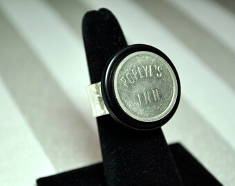 Large ring Popeyes Inn vintage bar token, silver plated adjustable ring band, my unique design