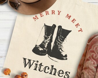 Halloween Tote Bag, Merry Meet Witches Tote, Vintage Halloween Tote, Witchy Tote Bag, October Tote, Retro Bag, Blessed Be, Witches Greeting