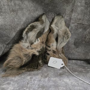 May include: A pair of faux fur bunny ears in shades of brown, gray, and white. The ears are soft and fluffy, with a realistic texture. A small white tag is attached to the ears with a string.