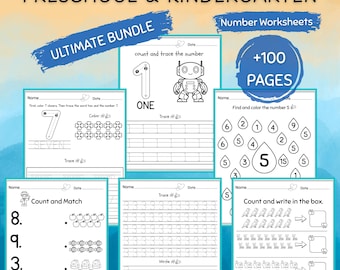 Puede incluir: Un paquete de hojas de trabajo de números para preescolar y jardín de infancia. La portada presenta el texto "Preschool & Kindergarten Ultimate Bundle" y "Number Worksheets". Las hojas de trabajo incluyen actividades de trazado, conteo y coloreado. El paquete contiene más de 100 páginas.