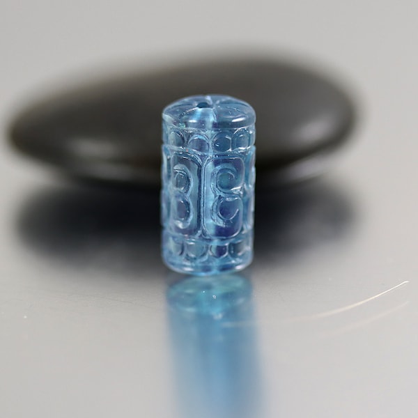 Carved Aquamarine Cylinder Bead - 16 x 9 mm - Aquamarine Bead Focal - Santa Maria Blue